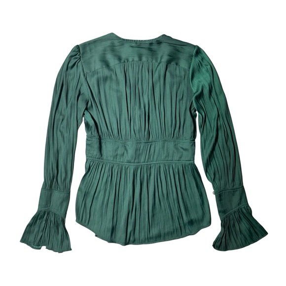 Anthropologie Deep-V Tunic Romantic Blouse Bell Sleeve Emerald Green Satin Sz S - Picture 5 of 10